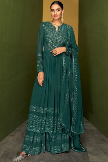 Thead Embroidered Teal Real Georgette Palazzo Suit