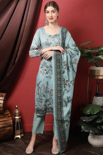 Turquoise Cotton Blend Crystal Work Trouser Suit