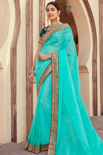 Turquoise Embroidered Soft Silk Organza Saree