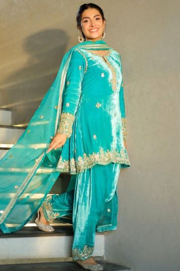 Velvet Punjabi Patiala Suit in Blue Color