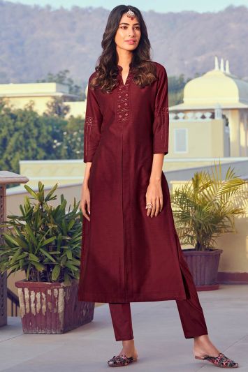 Viscose Fabric Straight Pant Suit in Maroon Color