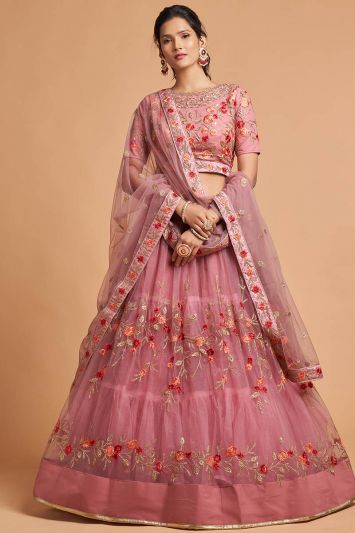 Wedding Designer Dusty Pink Color Soft Net Fabric Lehenga Choli