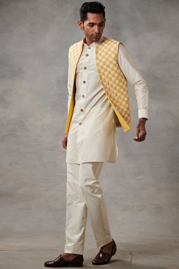 White Color Cotton Fabric Kurta Pajama with Jacket