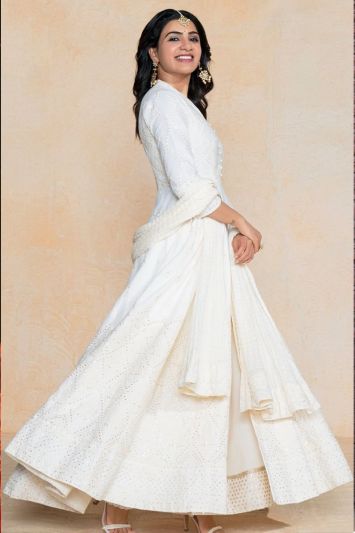 White Color Cotton Silk Fabric Embroidered Gown For Eid