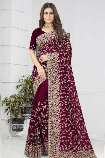 Wine Color Embroidered Saree