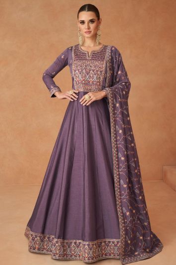 Wine Color Premium Silk Thread Embroidered Gown