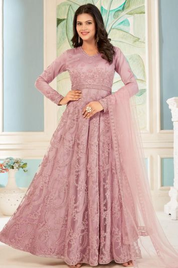 Women Dusty Pink Net Designer Gown