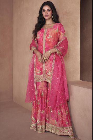 Women Georgette Floral Print Sharara Suit in Pink Color