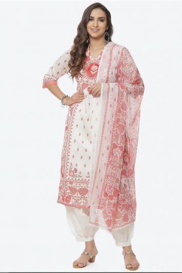 Women Off White Floral Printed Patiliya Suit for EID