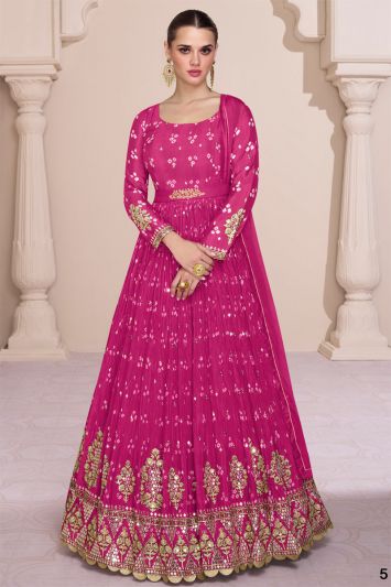 Women Pink Chinon Silk Sequins Gown