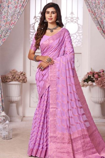 Women Pink Color Georgette Lace Work Saree