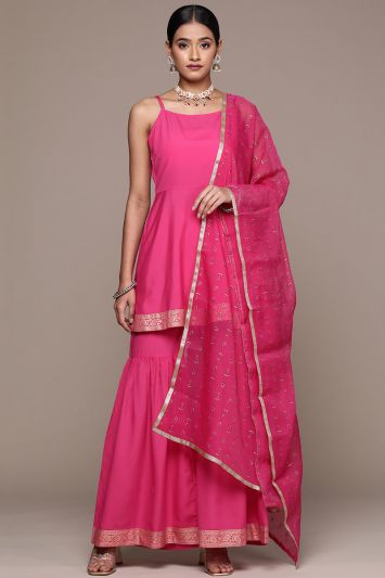 Women Pink Crepe Fabric Plain Sharara Suit