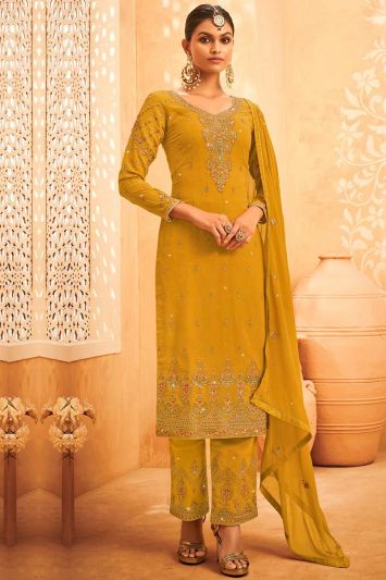 Yellow Color Faux Georgette Pant Suit with Stone Work