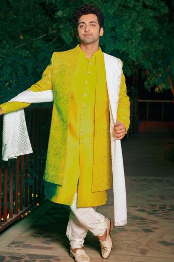 Yellow Color Jacquard Fabric Haldi Functional Sherwani