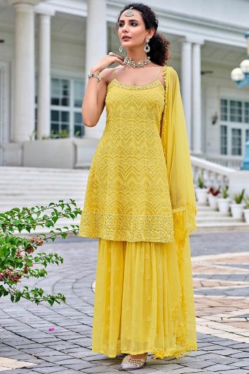 Yellow Color Viscose Georgette Sharara Suit For Haldi