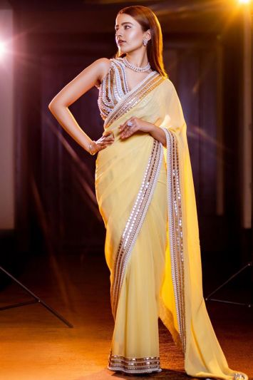 Yellow Georgette Fabric Pearl Embroidered Saree
