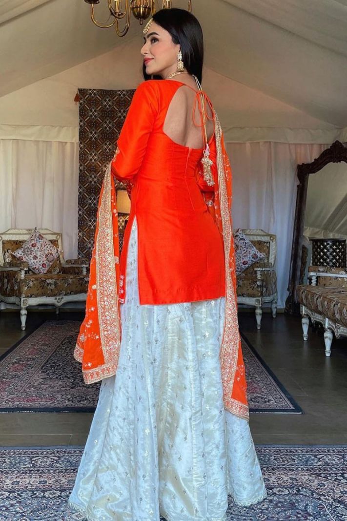 Adorable Orange Silk Sharara Suit