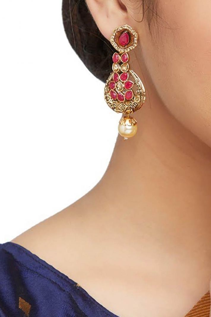 Alloy Antiqe Gold Earring Set With Red Stone Work