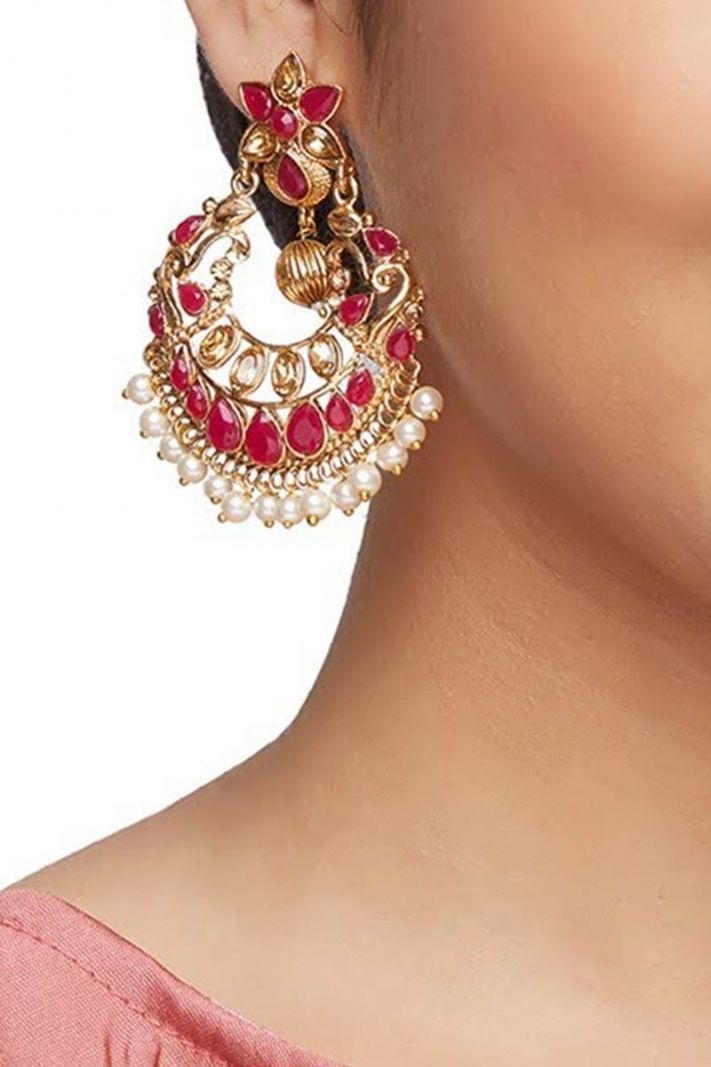 Alloy Partywear Chandbali Earring Set With Red Stone Work