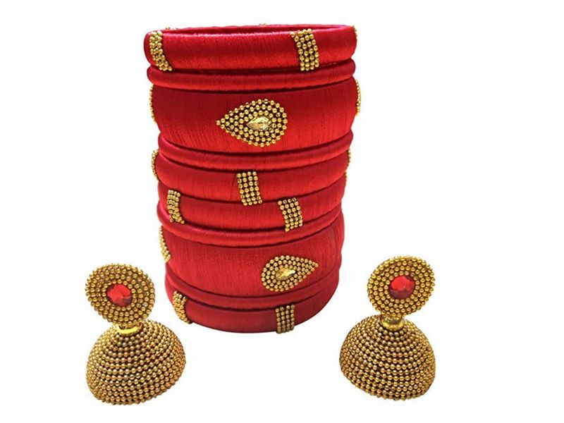 Beautiful Red Resham Thread Bengle With Earring Set In Stone Work