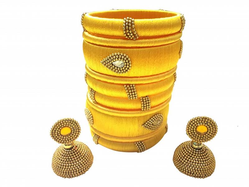 Beautiful Yellow Resham Thread Bengle With Earring Set In Stone Work