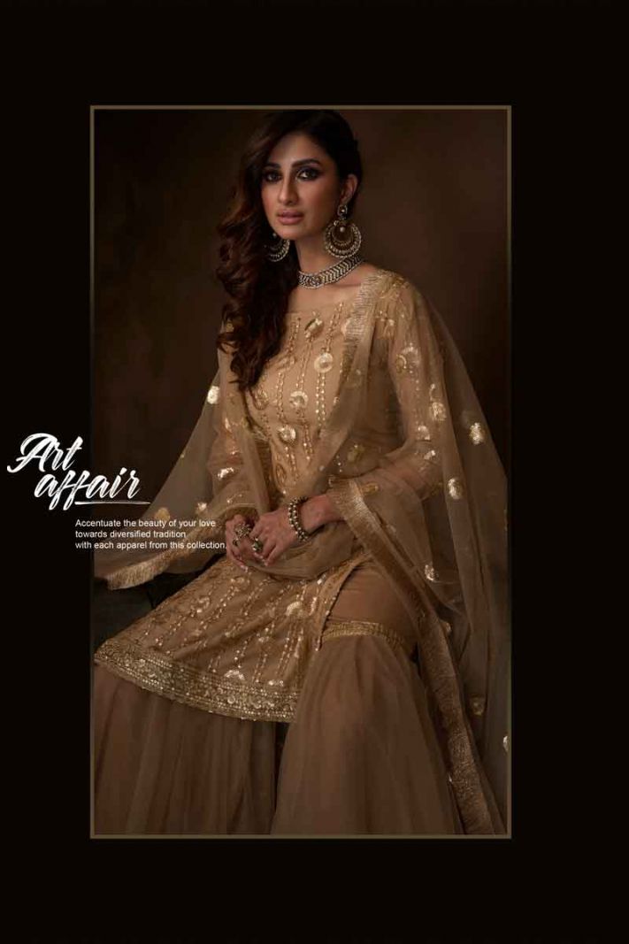 Beige Net Heavy Designer Sharara Suit With Jari Embroidery And Sequence Work