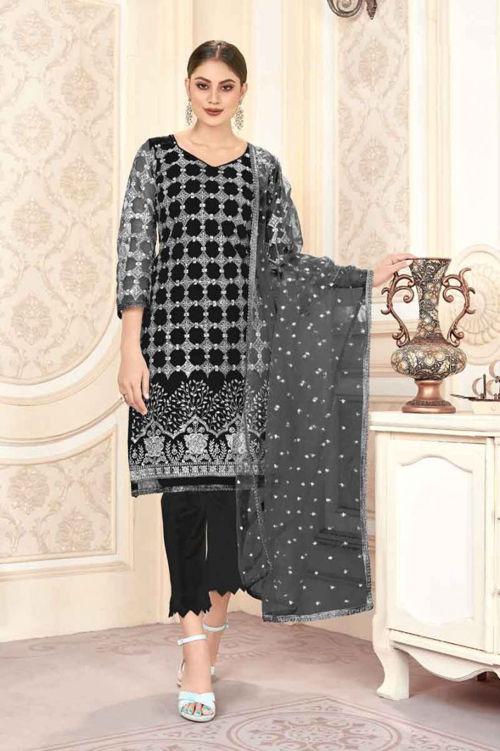 Black Butterfly Net Designer Straight Suit With Heavy Embroidery