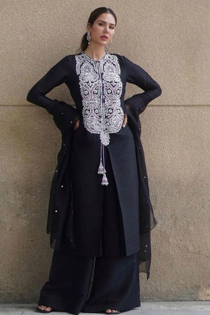 Black Color Cotton and Net Fabric Designer Palazzo Suit