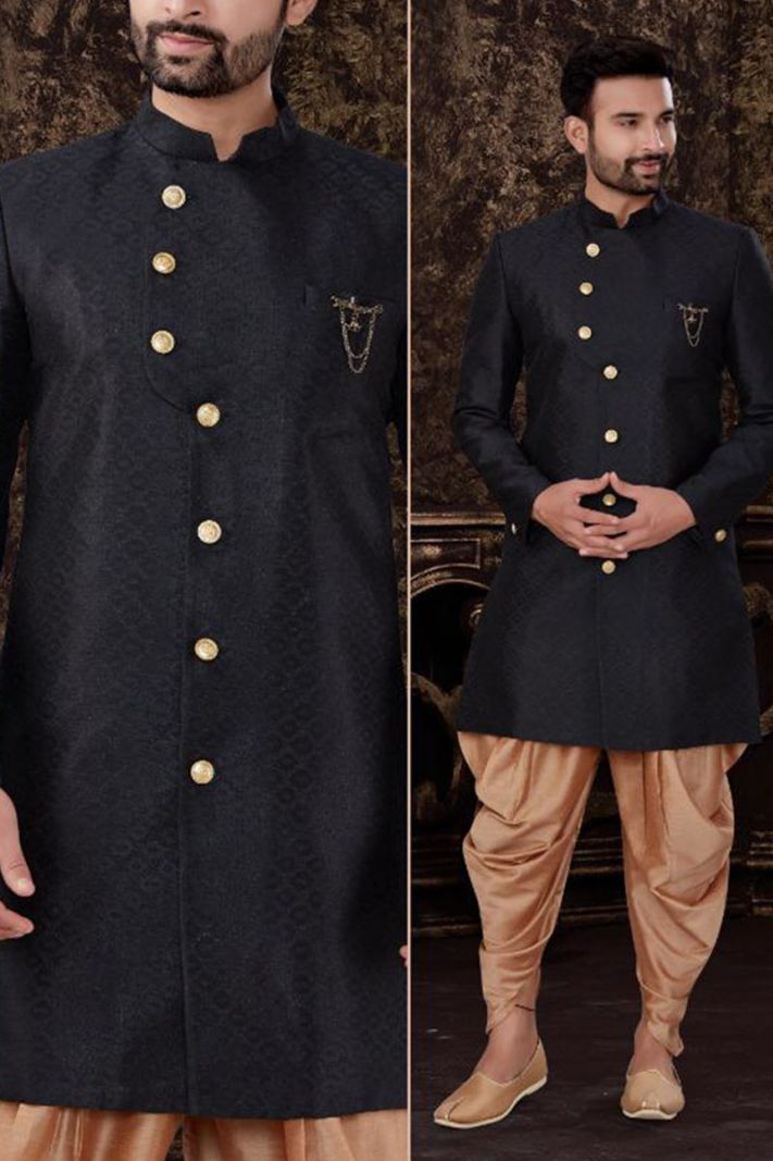 Black Semi Jacquard Kurta and Brown Art Silk Pajama For Diwali