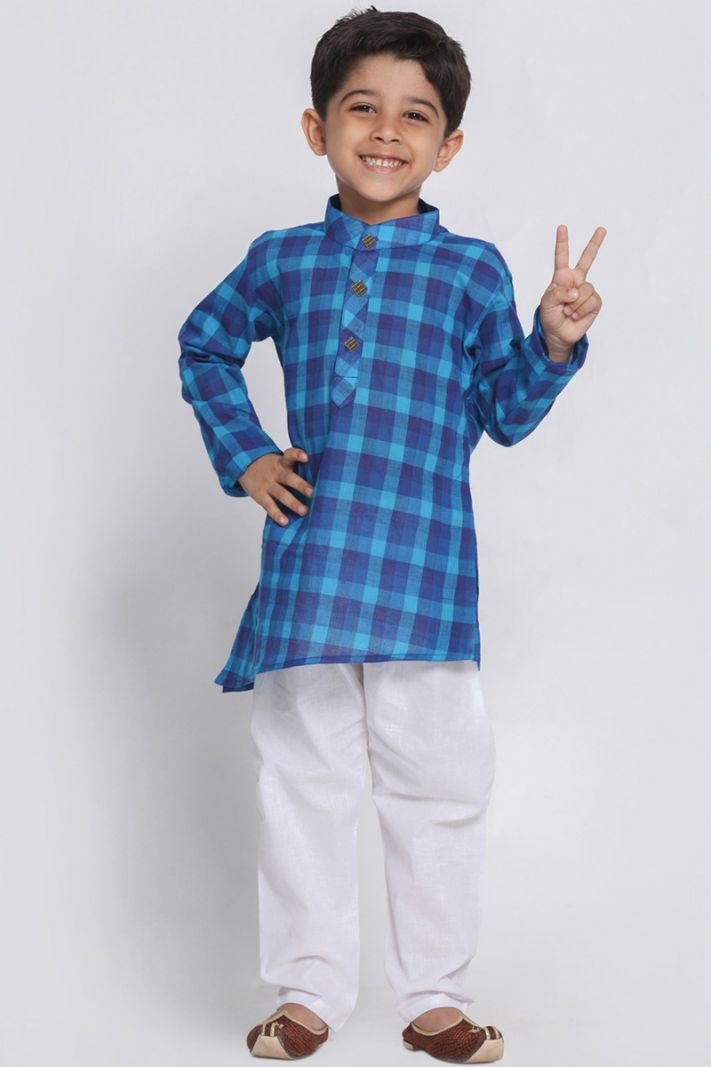 Blue Cotton Kurta and White Pajama For Diwali