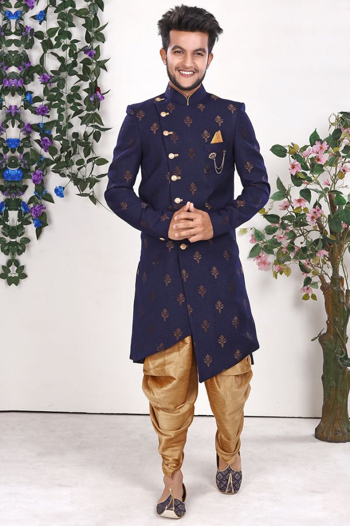 Blue Imported Fabric Party Wear Sherwani with Dupion Churidar 