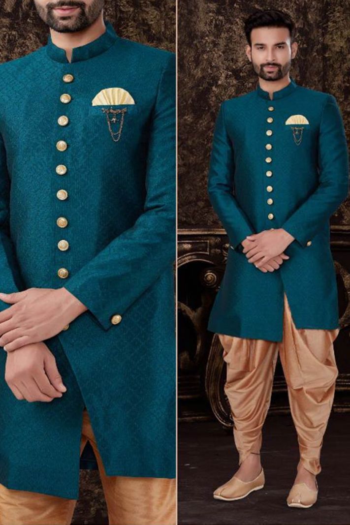 Blue Semi Jacquard Kurta and Brown Art Silk Pajama For Diwali