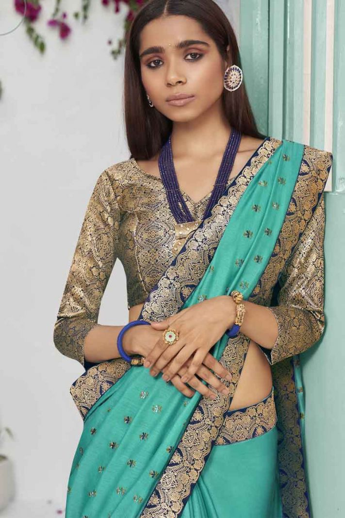Blue Silk Saree With Thread Embroidery