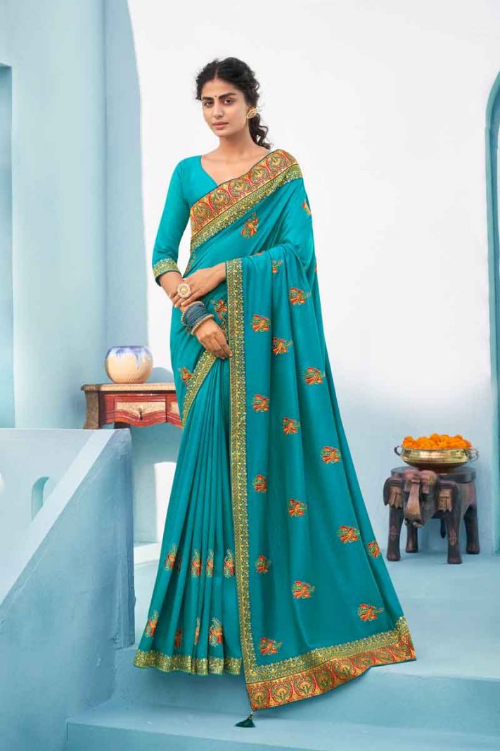 Blue Silk Saree With Thread Embroidery
