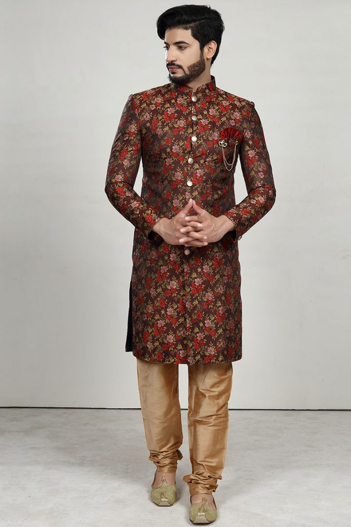 Brown Jacquard Fabric and Dupion Silk Pajama