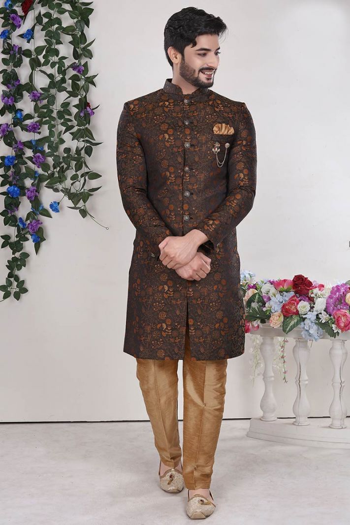 Brown Jacquard Fabric Party Wear Sherwani with Aligarhi Pant