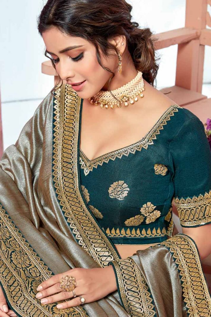 Brown Vichitra Silk Saree with Dark Teal Pure Silk Blouse