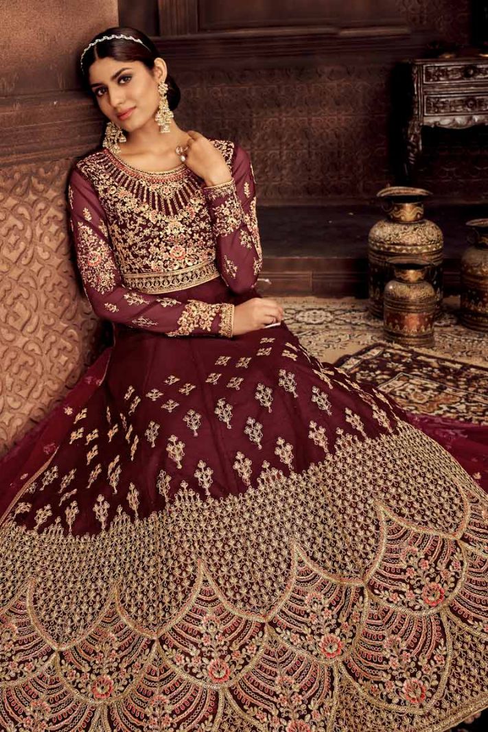 Butterfly Net Embroidered Maroon Anakali Suit