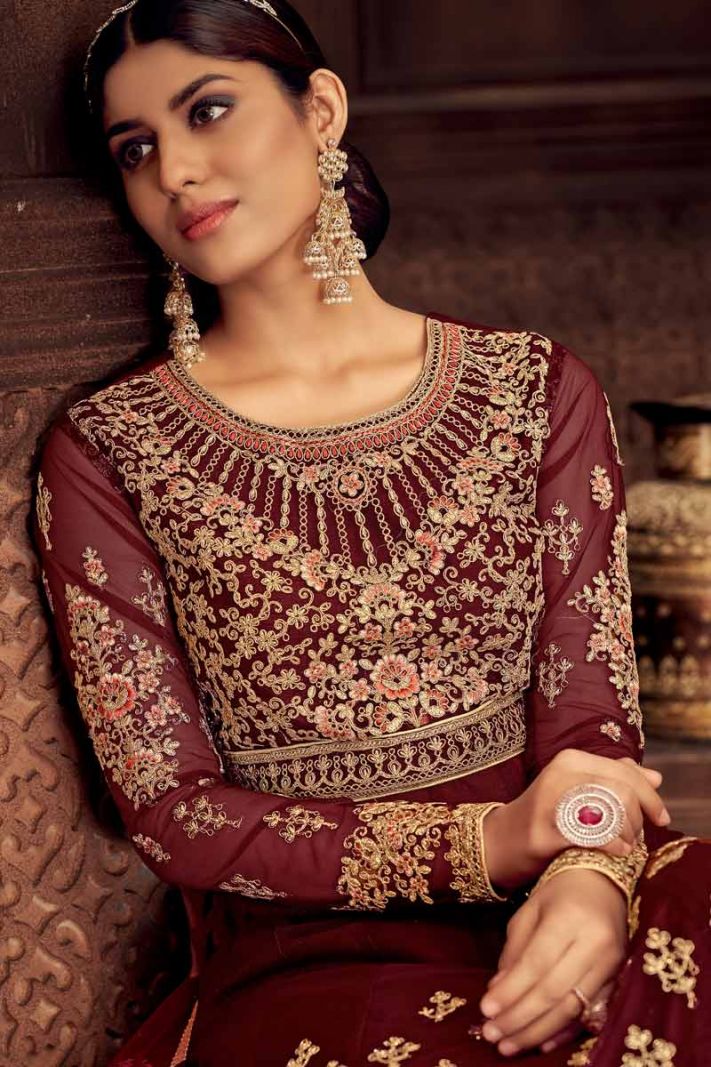 Butterfly Net Embroidered Maroon Anakali Suit