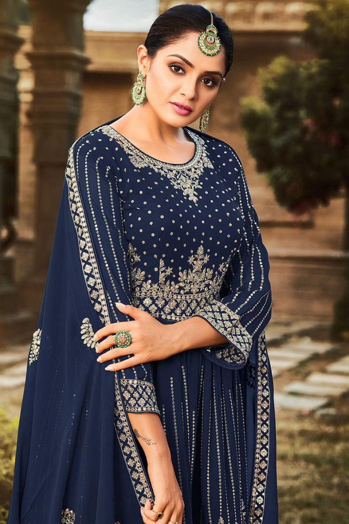Buy Faux Georgette Fabric Sharara Suit in Navy Blue Color