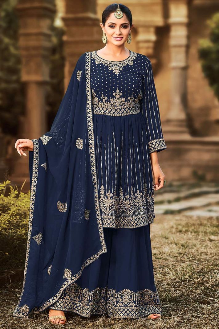 Buy Faux Georgette Fabric Sharara Suit in Navy Blue Color