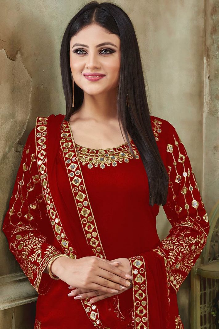 Buy Red Color Faux Georgette Fabric Patiala Suit with Stone Work