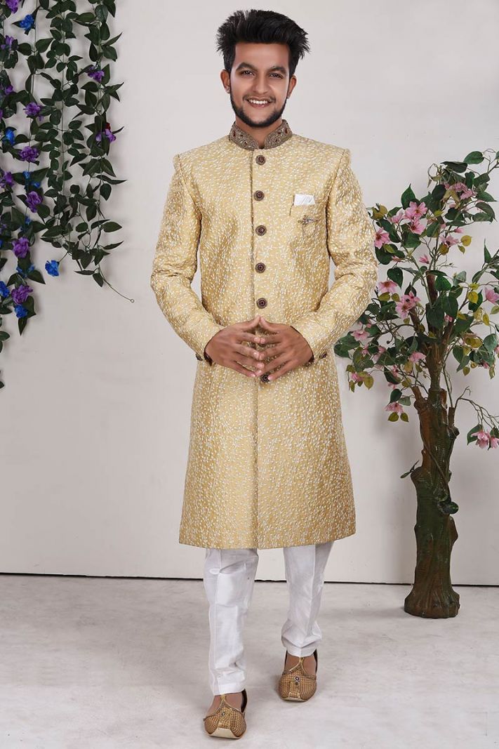 Cream Color Jacquard Fabric Party Wear Sherwani with Churidar