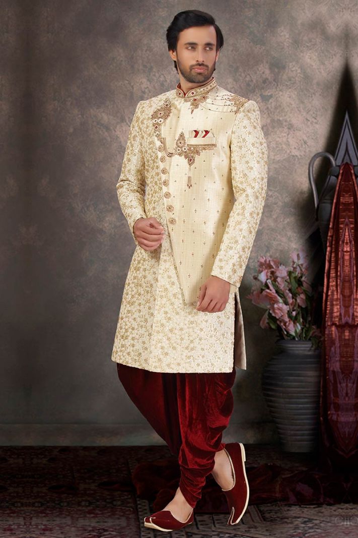 Cream Designing Art Silk Wedding Wear Sherwani with Maroon Velvet Dhoti