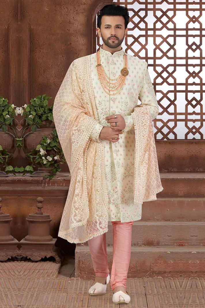 Cream Designing Art Silk Wedding Wear Sherwani with Net Dupatta