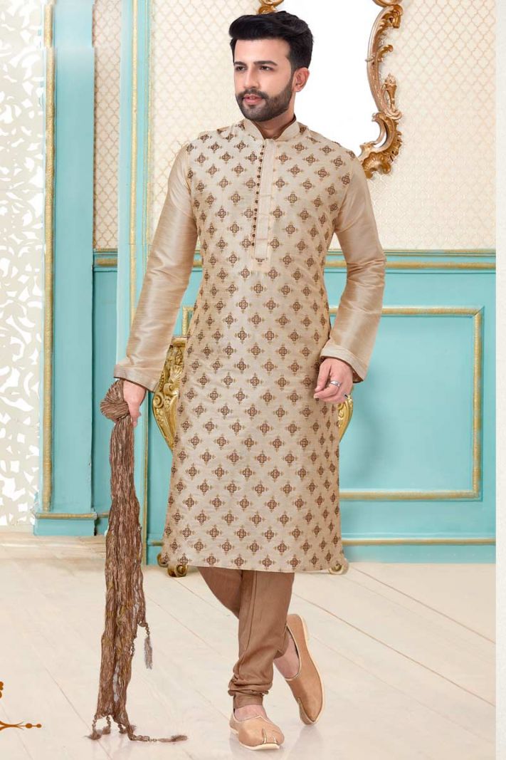 Cream Dupion Silk Kurta and Antique Color Pajama For Diwali