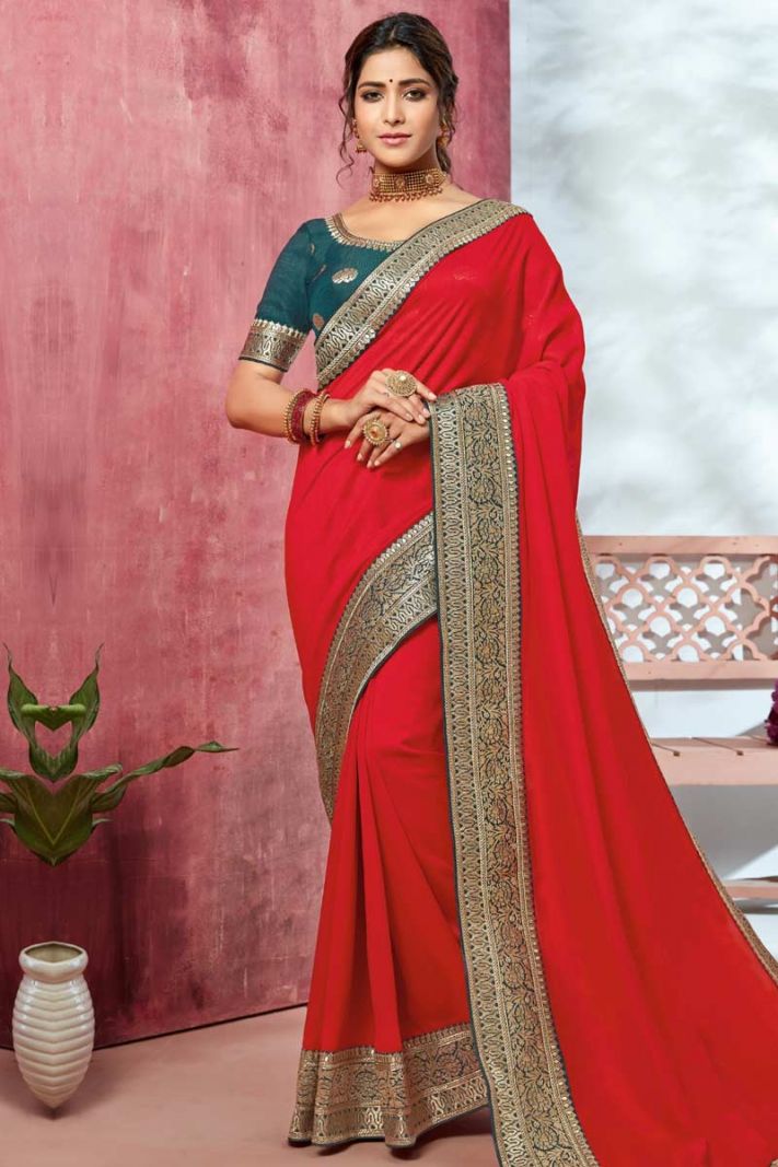 Crimson Red Vichitra Silk Saree with Dark Teal Pure Silk Blouse