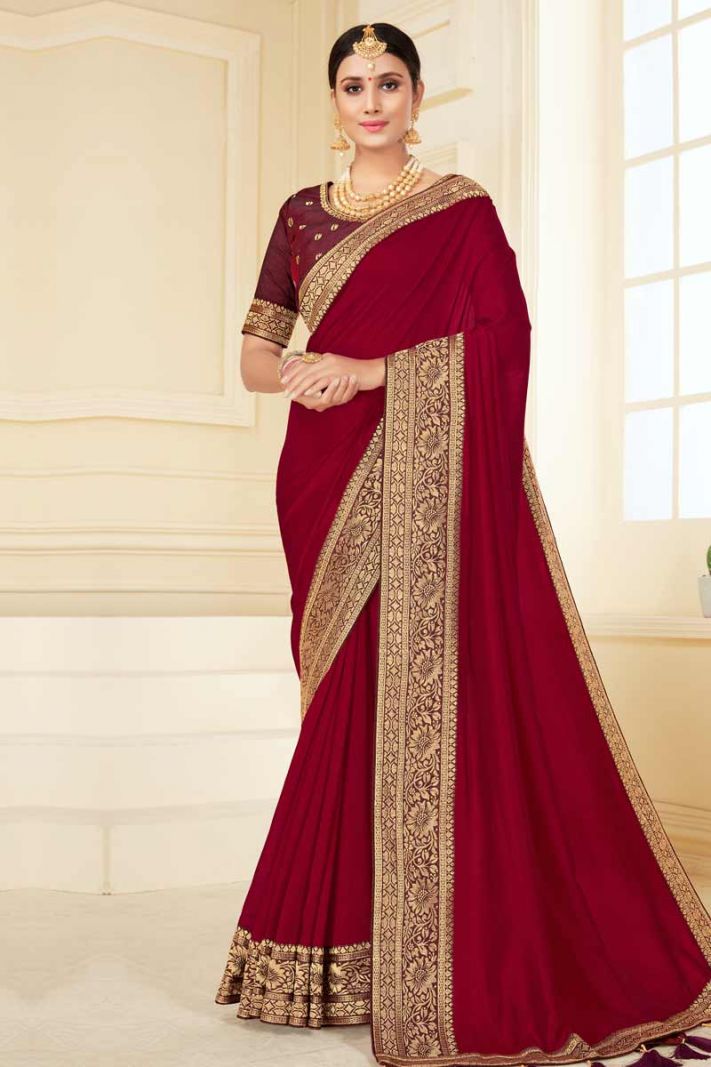Crimson Red Vichitra Silk Saree with Maroon Pure Silk Blouse