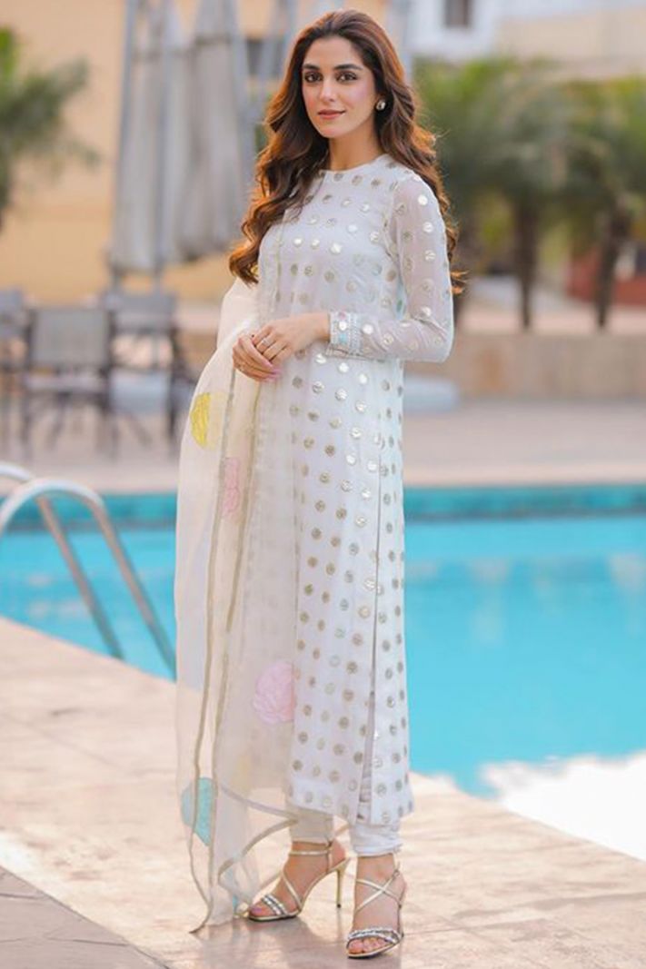 Designer Pure Chiffon Fabric Long Churidar Suit in White Color