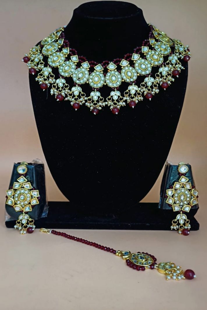 Ethnic Necklace Set In Burgundy Color In Stone With Moti Work
